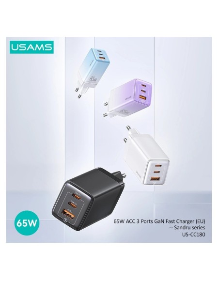 ΦΟΡΤΙΣΤΗΣ ΚΙΝΗΤΟΥ USAMS US-CC180 ΤΟΙΧΟΥ USB & 2x USB-C, 65W PD, GaN, Μ