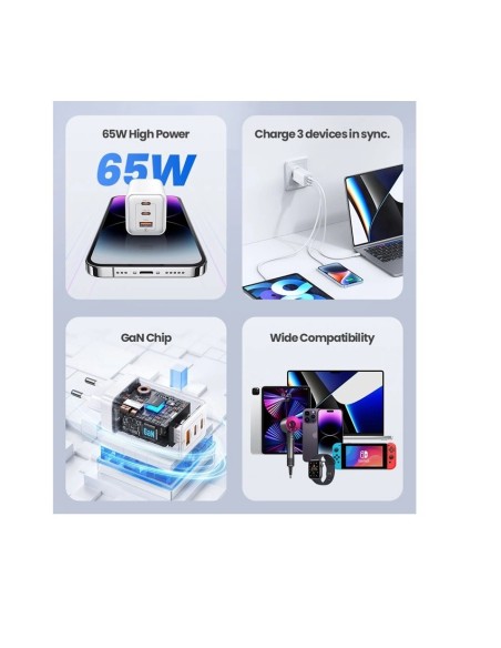 ΦΟΡΤΙΣΤΗΣ ΚΙΝΗΤΟΥ USAMS US-CC180 ΤΟΙΧΟΥ USB & 2x USB-C, 65W PD, GaN, Μ