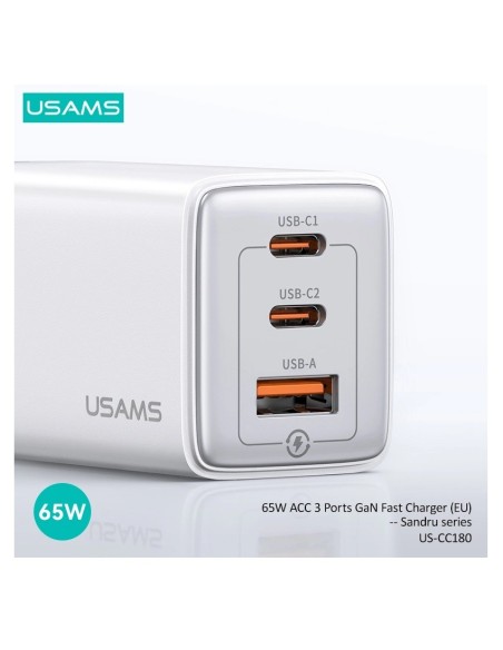 ΦΟΡΤΙΣΤΗΣ ΚΙΝΗΤΟΥ USAMS US-CC180 ΤΟΙΧΟΥ USB & 2x USB-C, 65W PD, GaN, Μ
